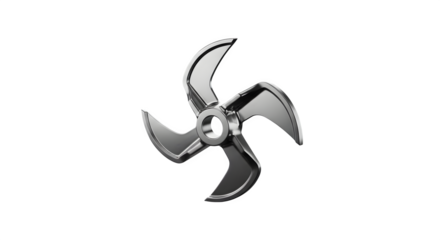 Silver propeller with four blades isolated on transparent background, spinning fast