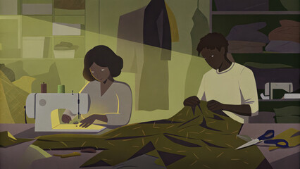 Sewing workshop scene featuring two individuals engaged in textile work, showcasing creativity and collaboration in warm atmosphere