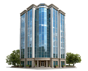 Modern glass office tower, urban financial district building with reflective windows, contemporary architecture, cityscape element, surrounded by green trees, professional atmosphere