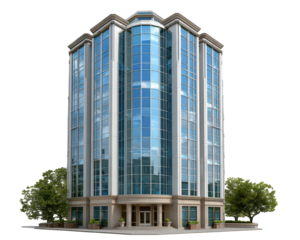 Modern glass office tower, urban financial district building with reflective windows, contemporary architecture, cityscape element, surrounded by green trees, professional atmosphere