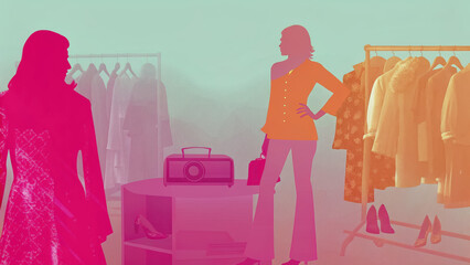 Stylish women shopping in boutique, surrounded by colorful clothing and accessories, creating vibrant and fashionable atmosphere