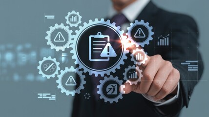 Professional points to dashboard with alert icons for risk management in modern business operations