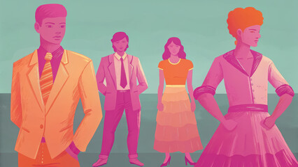 Stylish group of four individuals vibrant clothing, showcasing modern fashion and diverse styles. Their confident poses convey sense