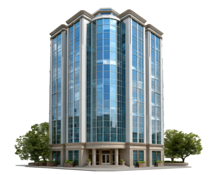 Modern glass office tower, urban financial district building with reflective windows, contemporary architecture, cityscape element, surrounded by green trees, professional atmosphere