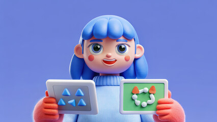 Cheerful animated girl holds two tablets displaying colorful designs, showcasing creativity and playfulness in vibrant setting