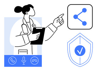 Female doctor with clipboard pointing at data sharing icon, shield with a checkmark, and communication tools. Ideal for telemedicine, cybersecurity, health apps, data sharing, patient