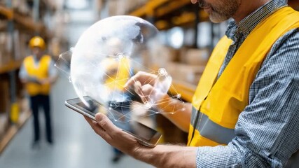 Warehouse Visualization: A warehouse worker inspects global digital data on a tablet in a bustling warehouse, showcasing modern logistics. - Powered by Adobe