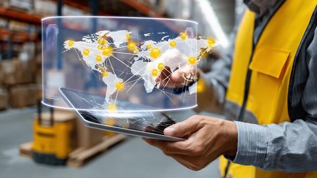 Global Logistics and Distribution: A warehouse worker holds a digital tablet displaying a holographic world map with interconnected nodes, illustrating a comprehensive global distribution network. - Powered by Adobe