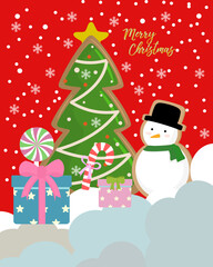 Smiling santa claus standing with deer and snowman to celebrate merry Christmas and new year on blue background. Holiday character templates for winter season. Flat cartoon vector illustration