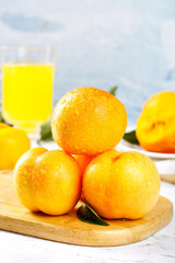 Fresh Peaches on Wooden Board with Juice Glass - Healthy Summer Fruit Still Life
