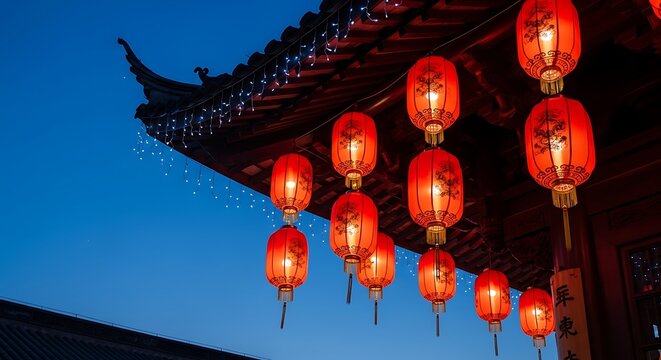 Vibrant red lanterns glowing at dusk, celebrating Chinese New Year with festive lights