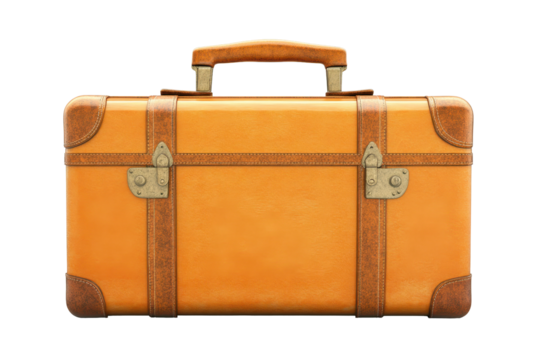 Vintage suitcase with brown leather accents and brass locks sits isolated on white background, showcasing classic design perfect for travel enthusiasts and collectors alike