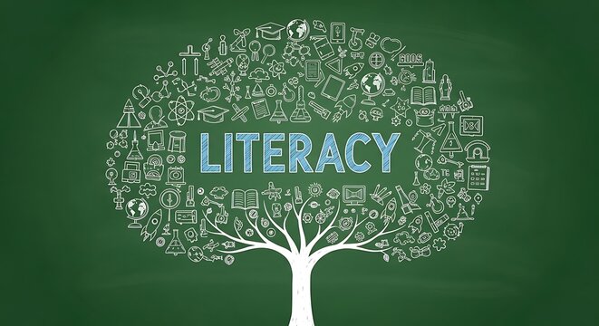 Literacy concept visual with tree illustration on chalkboard, education and learning theme - Powered by Adobe