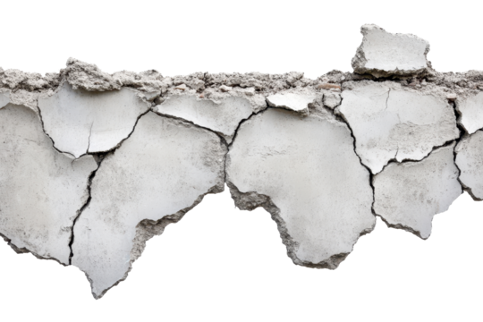 Cracked concrete floor element isolated on a white background showcasing detailed texture and structure under gigapixel resolution