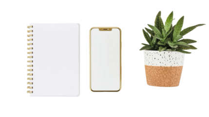 Minimalist Flat Lay Notebook, Golden Smartphone and Potted Plant Arrangement