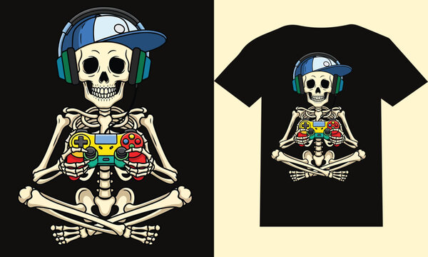 Skeleton Gamer T-shirt Design | Funny Halloween Gaming Skull with Headphones and Controller Illustration