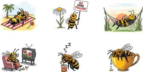 Funny cartoon bees relaxing and protesting, bees on vacation, humorous bee characters lounging, bee protest sign, sleepy and tired bee drinking juice, bee in a tea cup