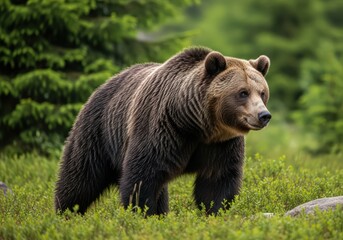 Fototapeta premium A brown bear standing in a grassy field with trees in the background looking to the right side view