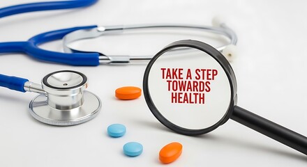 Take a Step Towards Health concept with stethoscope and medicine on white background