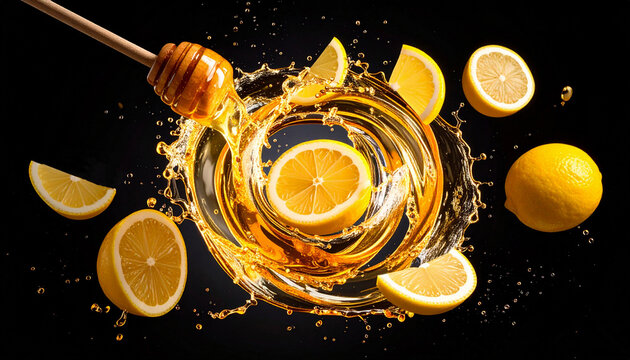 A vibrant honey swirl floating in a circle on a black background with lemon and honey dipper