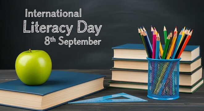 International Literacy Day celebrated with books, pencils, and a green apple on September 8th