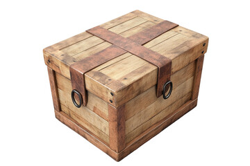 Mystery box with wooden texture and leather straps, designed for curiosity and adventure in contemporary digital art