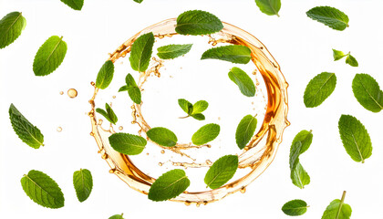 Vibrant tea and mint leaves floating in a circle on a white background