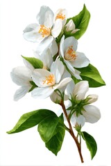 Obraz premium Delicate white jasmine flowers with vibrant green leaves on a white background showcasing natural beauty and fragrance