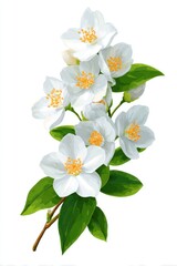 Obraz premium Delicate white jasmine flowers with vibrant green leaves on a clean white background a symbol of purity and fragrance