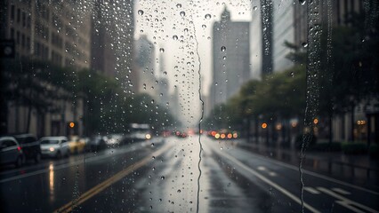 Rainy city street view through wet window with raindrops on glass