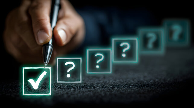 A hand checks a box with a checkmark surrounded by question marks 
