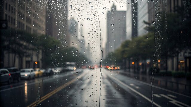 Rainy city street view through wet window with raindrops on glass