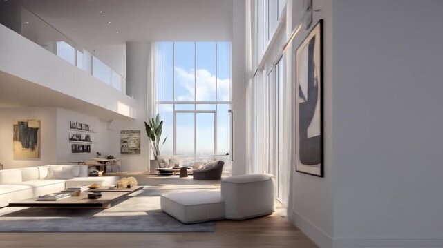 Modern, light-filled penthouse living space boasts expansive city views.