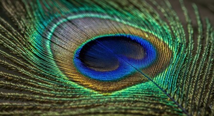 Obraz premium Peacock Feather's Intricate Beauty: A macro view of a single peacock feather, with detailed close-ups of the vibrant colors and complex patterns, symbolizing beauty and elegance.