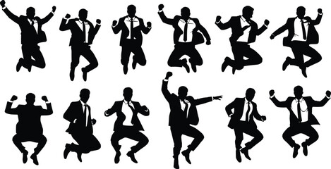 Businessmen jumping, celebrating success, joyful corporate team, office victory, excited professionals, teamwork achievement, energetic employees, positive work culture, business motivation, happiness