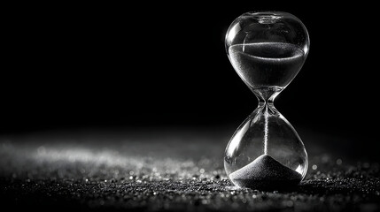 Hourglass with sand flowing in black and white Concept of time passing 