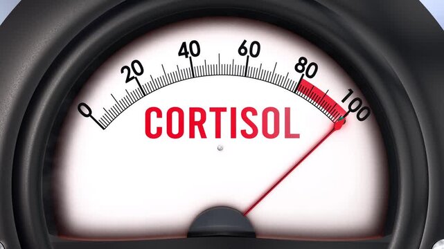 Cortisol meter that is hitting a full scale, increasing and high levels of cortisol, potential overload. Maximum cortisol value, off the charts.