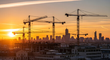 Dramatic skyline transformation: Cranes silhouetted against vibrant twilight skies signify urban expansion and the relentless march of architectural