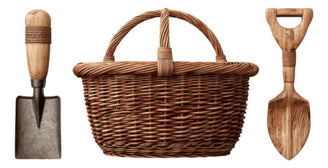Isolated Gardening Tools and Woven Basket on White