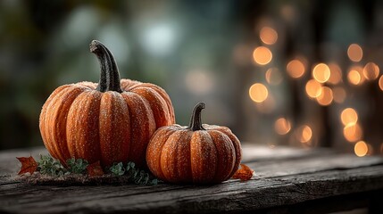 Halloween, orange pumpkins on a wooden table on a bokeh glowing background, copy space