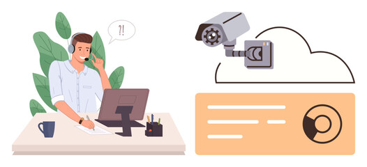 Office worker with headset viewing cloud-connected security camera footage on desktop. Ideal for customer support, IT solutions, remote monitoring, cybersecurity, cloud technology, surveillance