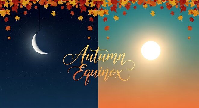 Autumn Equinox celebration with vibrant sunset and moonlit night scenes with falling leaves