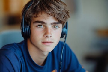Close-up photo of a young smiling man wearing a headset, sitting in the office in front of a laptop, talking on a video call, and engaging in professional communication, Generative AI
