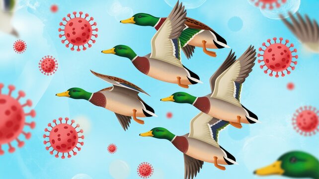 Ducks flying freely in a clear blue sky, with ominous virus particles nearby indicating viral contamination