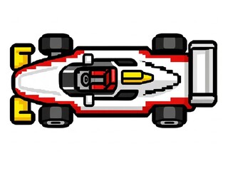 A simple pixel art icon of a racing car, top view, isolated on a white background. 4-bit and 8-bit style, the graphic evokes a retro, vintage video game assets