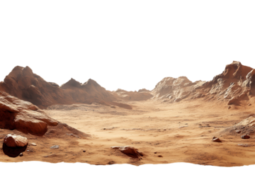 Martian landscape with rugged terrain and rocky formations in low resolution captured in a transparent background for a futuristic setting