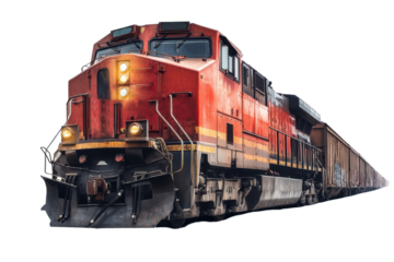 Vibrant freight train traveling along railway tracks during day