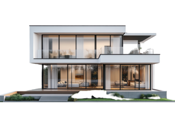 Modern two story house with garden showcasing contemporary design and spacious living areas amidst a natural outdoor setting