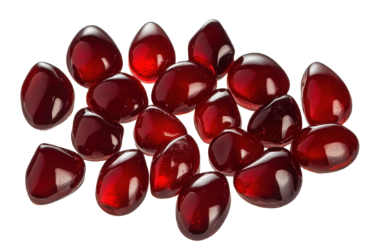 Clusters of vivid red drops arranged on a plain background, showcasing the glossy surface and unique shapes of each piece in perfect clarity