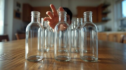 Bottles on Table - Empty glass bottles on a wooden table, with a hand reaching in the background.
​